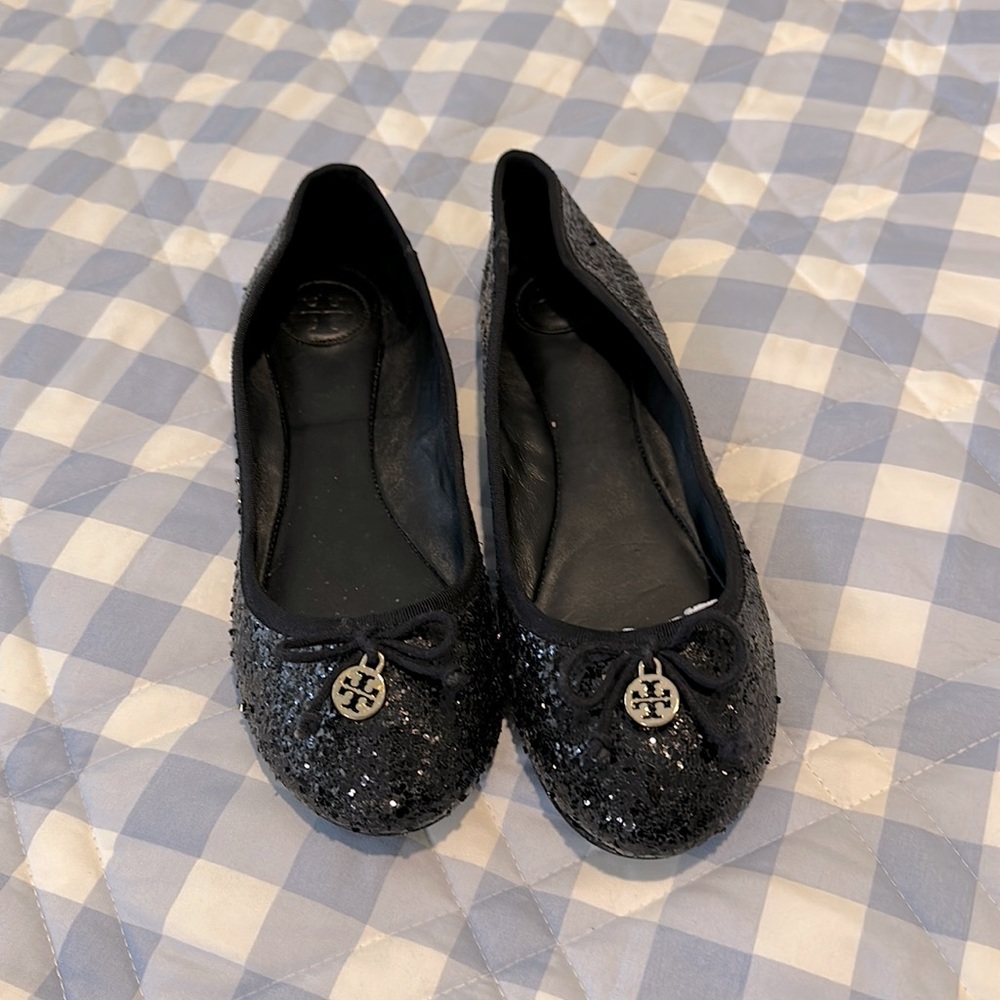 Tory Burch Black Glitter Ballet Flats. Size 8. Gem